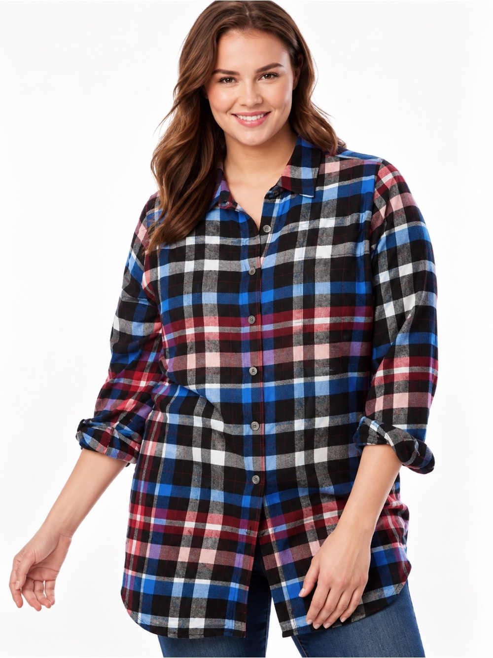 NWT Women’s Black Blue Red Plaid Flannel Button Front Tunic Shirt